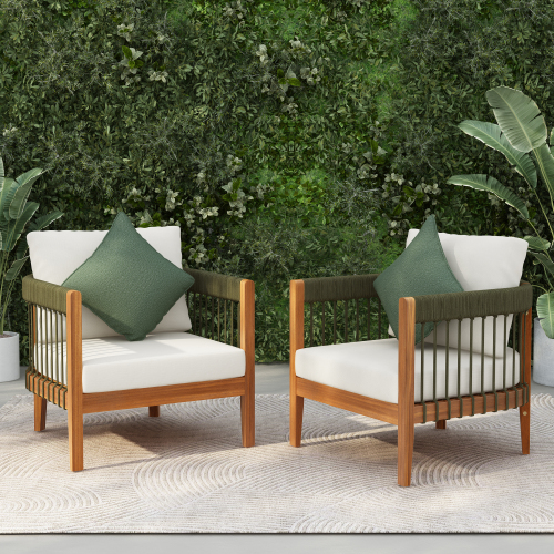 Set of 2 27.6-Inch Acacia Wood Rope Patio Chairs, Green & Beige