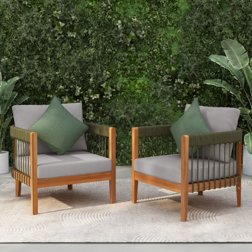 Set of 2 Green & Natural Acacia Rope Patio Chairs with Beige Cushions