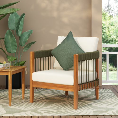 27.6-Inch Acacia Wood Rope Patio Club Chair, Natural Green & Beige