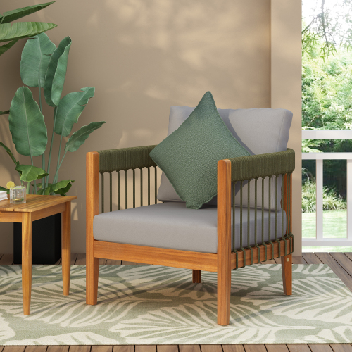 27.6-Inch Natural Grey Acacia Wood Patio Chair with Rope Accents