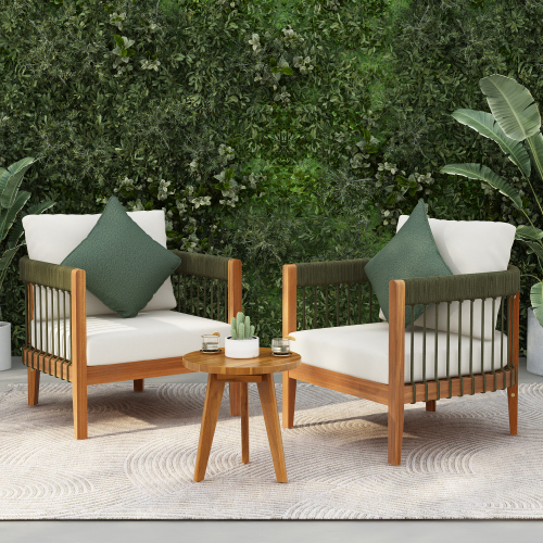 3-Piece Natural Acacia Patio Chair Set in Green and Beige