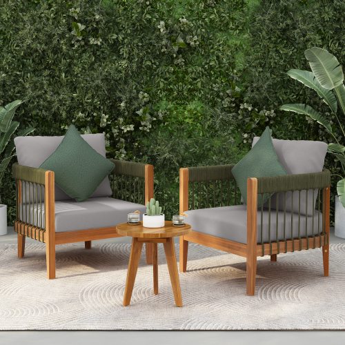 3-Piece Acacia Wood Patio Chair Set with Rope, Green & Beige