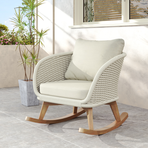 Beige & Natural PE Rattan Patio Rocking Chair, 29.5-Inch Wide