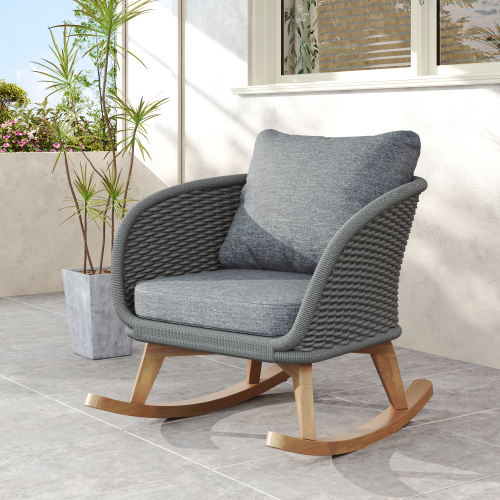 29.5-Inch Gray and Natural Rope Rocking Chair with Solid Wood Frame
