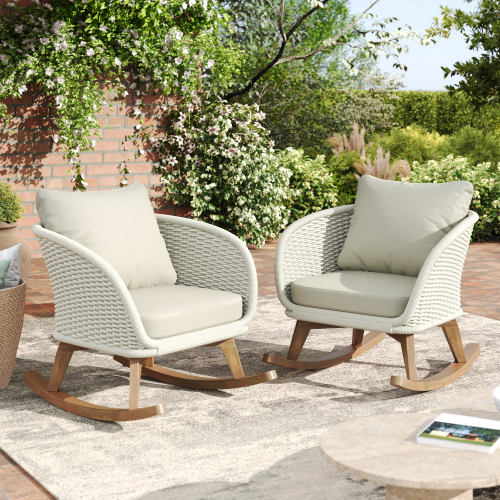 Set of 2 29.5-Inch Beige PE Rattan and Wood Rocking Chairs