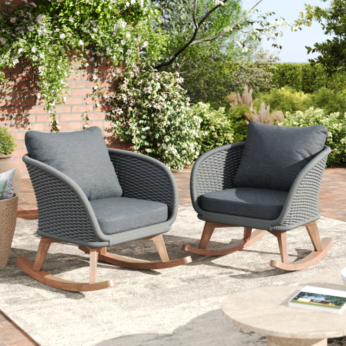 Set of 2 29.5-Inch Gray Rope and Solid Wood Patio Rocking Chairs
