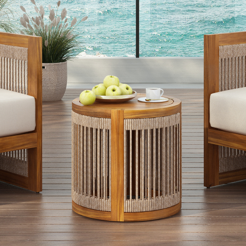 16.9-Inch Teak Acacia Wood Outdoor Side Table with Rope Accent