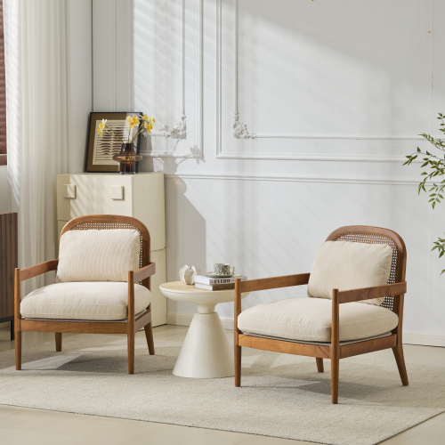 Set of 2 26.6-Inch Walnut Wood Accent Chairs, Beige Stripe