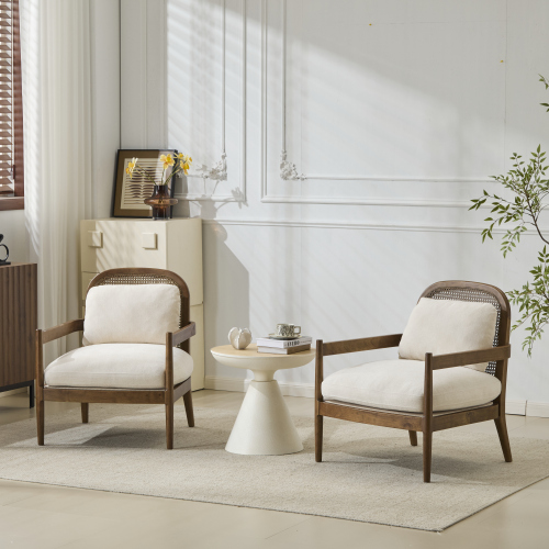 Set of 2 26.6-Inch Beige Rattan-Back Chairs with Light Brown Wood