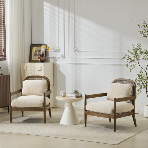 Set of 2 26.6-Inch Light Brown Wood Accent Chairs, Beige Stripe