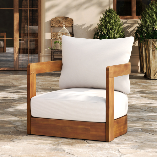 Teak and Beige 26.4-Inch Acacia Wood Outdoor Club Chair with Cushions