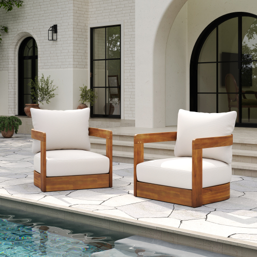 Set of 2 Natural Acacia Wood Patio Club Chairs with Beige Cushions