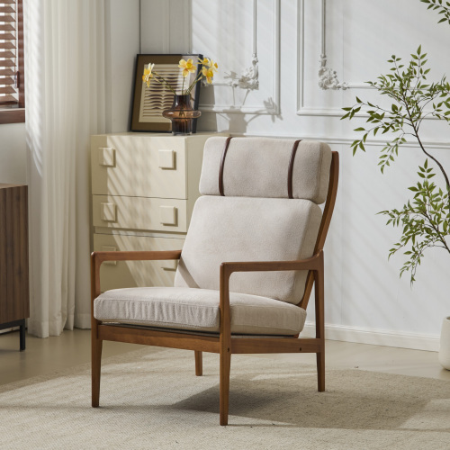 Light Gray High-Back Accent Chair with Solid Walnut Wood Frame