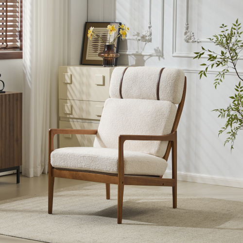 Beige Boucle High-Back Accent Chair with Walnut Solid Wood Frame