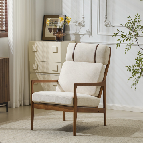 Beige Polyester High-Back Accent Chair with Walnut Wood Frame