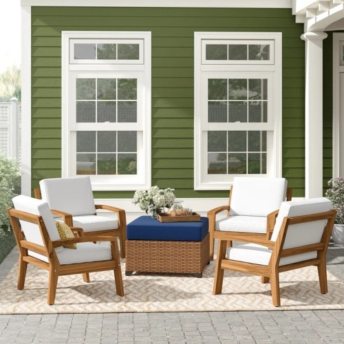 Set of 4 Grenada Beige Wood Club Chairs with Waterproof Fabric