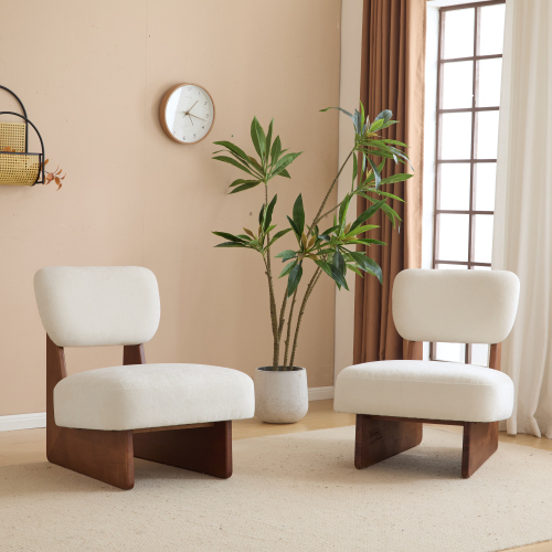 Set of 2 Beige Polyester Lounge Chairs with Walnut-Finish Wood Bases