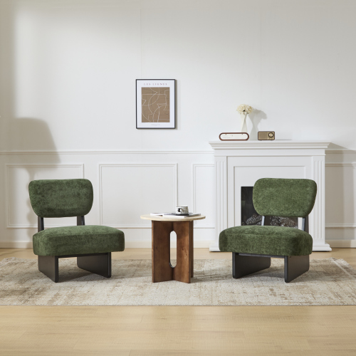 Set of 2 Green Polyester Lounge Chairs with Black Solid Wood Bases