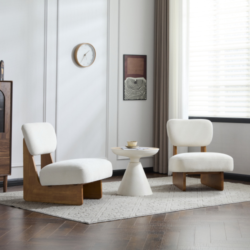 Set of 2 Beige Polyester Lounge Chairs with Natural Solid Wood Bases