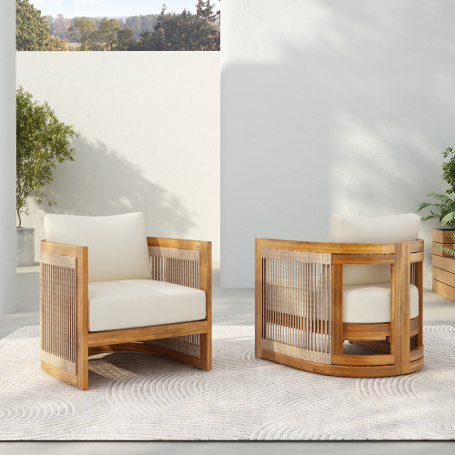Set of 2 Teak Beige Acacia Wood Outdoor Club Chairs with Cushions