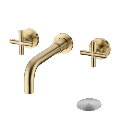 Wall-Mounted Bathroom Sink Faucet with Pop-Up Drain, Brushed Nickel & Gold