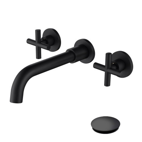 Wall-Mount Bathroom Sink Faucet with Pop-Up Drain, Matte Black
