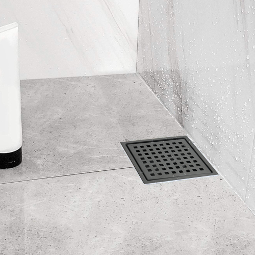 6-Inch Square Stainless Steel Shower Floor Drain in Matte Black