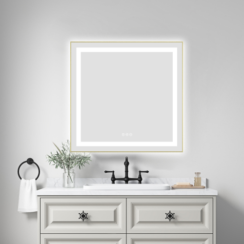 30" LED Bathroom Mirror with Front & Backlight, Brushed Gold Aluminum