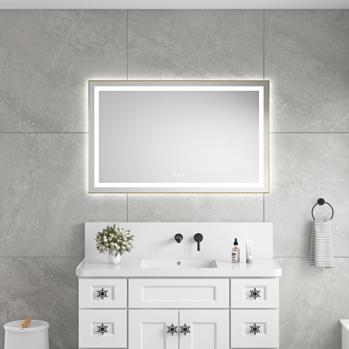 48" x 30" Brushed Gold LED Bathroom Mirror with Aluminum Frame
