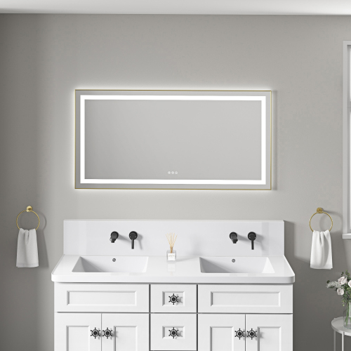 55" x 28" Brushed Gold LED Bathroom Mirror with Aluminum Frame