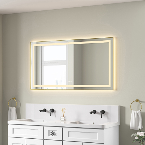 55" x 30" Brushed Gold LED Bathroom Mirror with Aluminum Frame