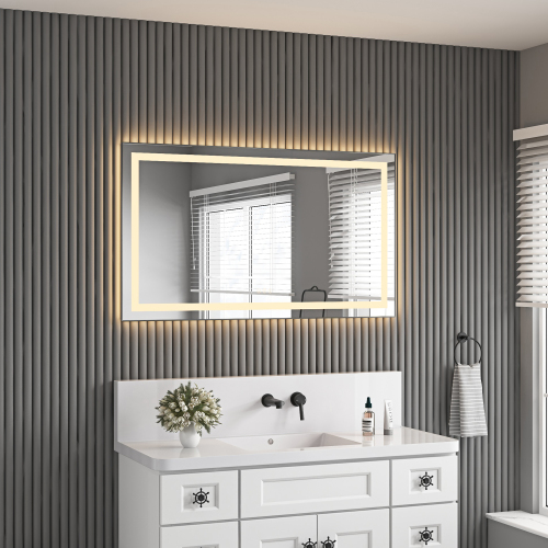 48" x 28" Gun Ash LED Bathroom Mirror, Aluminum Frame, Front/Backlight