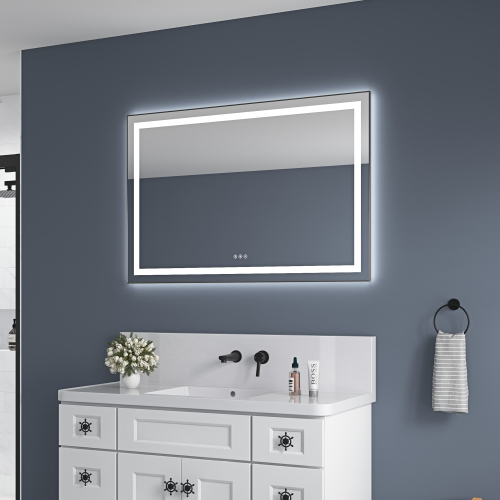 48" x 32" Gun Ash LED Bathroom Mirror with Aluminum Frame, Anti-Fog