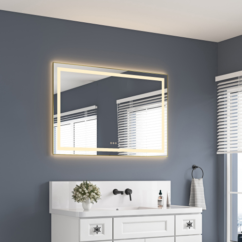32" x 20" Brushed Gold LED Bathroom Mirror, Aluminum and Glass