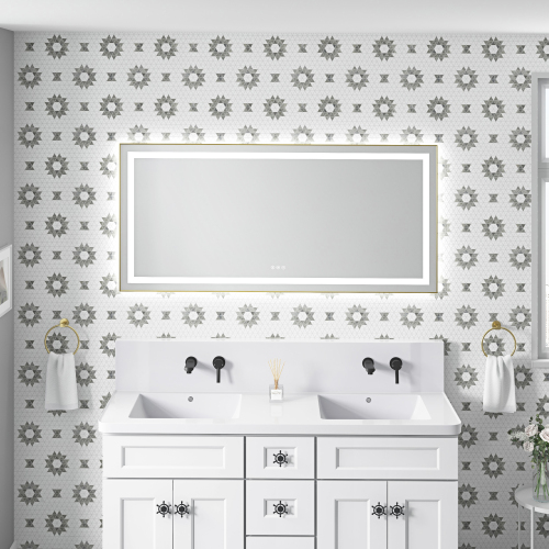 60 x 28 in Brushed Gold LED Bathroom Mirror, Aluminum Frame