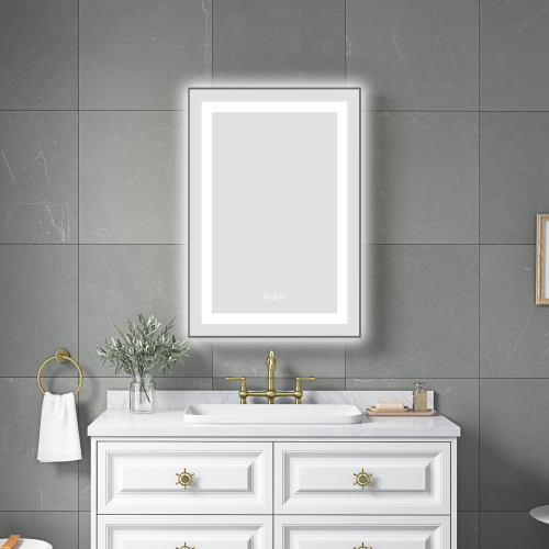 20" x 32" Gun Ash LED Bathroom Mirror with Front/Backlight, Aluminum Frame