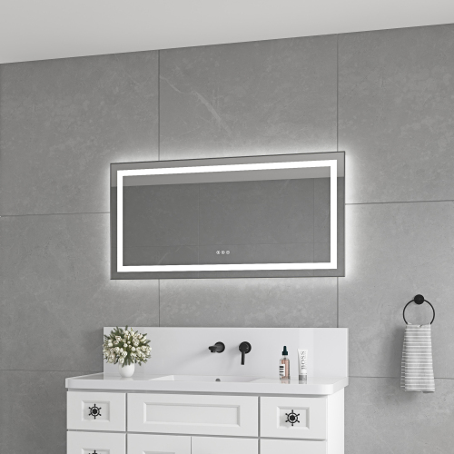 48" x 24" Gun Ash LED Bathroom Mirror with Aluminum and Glass Frame