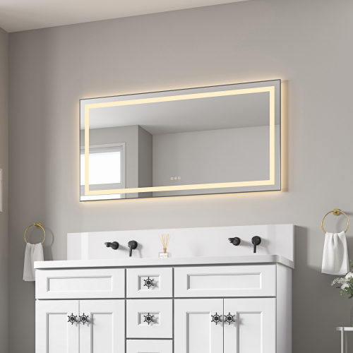 55" x 28" LED Bathroom Mirror, Gun Ash Aluminum & Glass Frame
