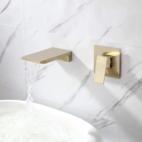 Brushed Gold Brass Single-Handle Wall-Mount Waterfall Sink Faucet