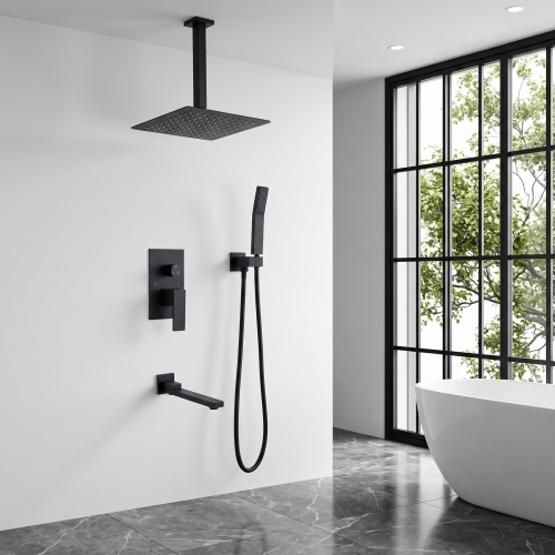 Matte Black 10-Inch Shower System with Tub Spout, Brass & Stainless Steel