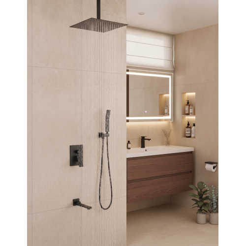 Matte Black Brass & Stainless Steel 12-Inch Shower System with Tub Spout