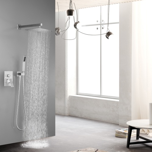 10-Inch Brass Rain Shower Mixer Set in Brushed Nickel, Wall-Mounted