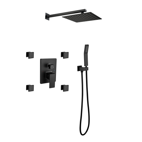 10-Inch Matte Black Brass Rainfall Shower System with Body Jets