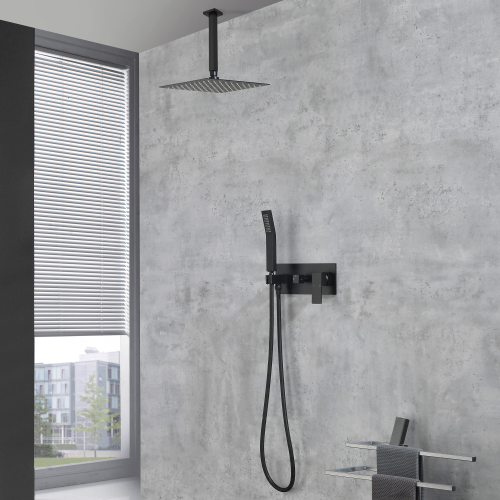 10-Inch Matte Black Brass and Stainless Steel Ceiling Shower System
