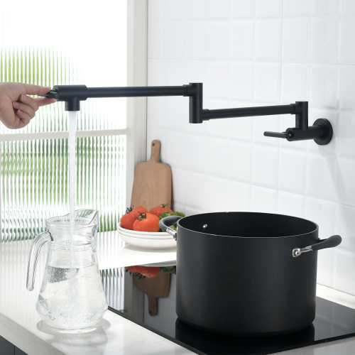 Black Brass Wall-Mount Pot Filler Faucet with Double-Joint Arms