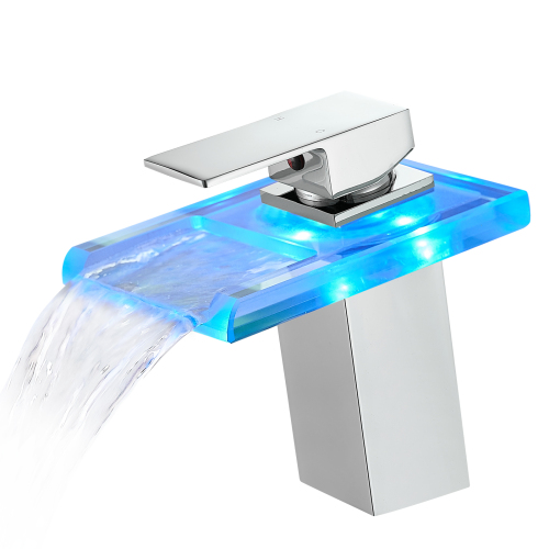Chrome Brass Bathroom Sink Faucet with 3-Color LED Waterfall Spout