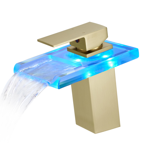 Brushed Gold LED Waterfall Bathroom Sink Faucet, Brass, Single-Hole
