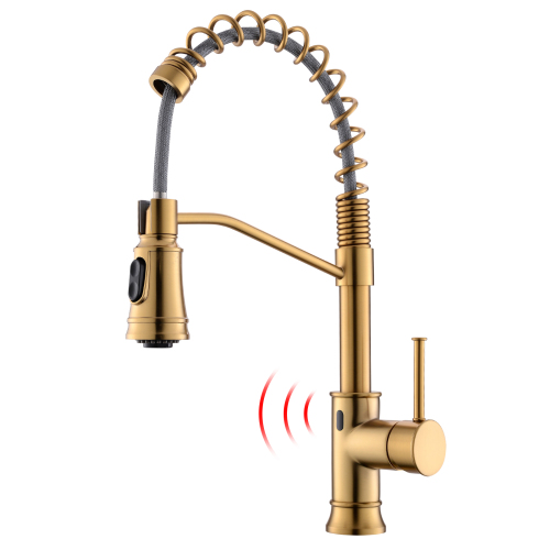 Touchless Kitchen Faucet in Brushed Gold Brass with Ceramic Filler