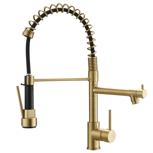 Contemporary Gold Brass Kitchen Faucet with Single-Handle Pull-Down Sprayer