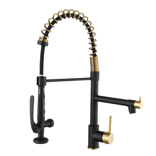 Contemporary Black and Gold Brass Kitchen Faucet with Pull-Down Sprayer